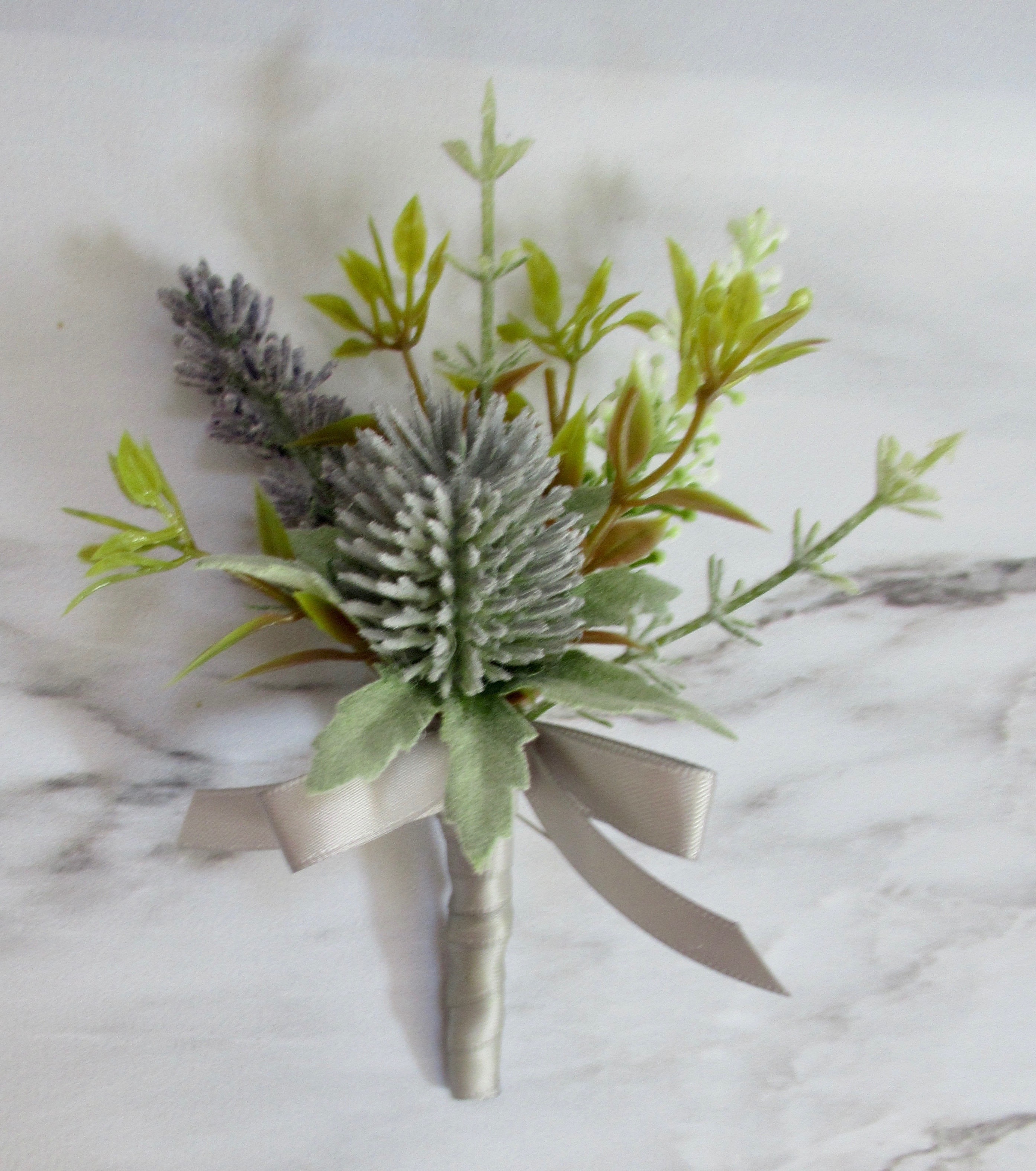 sage green thistle buttonhole, scottish heather buttonhole